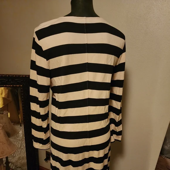 Theory Black/Cream Stripe Three Quarter Sleeve Crew Neck Stretch Dress. Sz Med - Picture 2 of 5